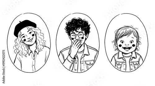 Hand-Drawn Portrait Illustrations of Diverse Young People with Expressive Emotions and Cheerful Attitudes