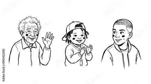 Hand-Drawn Portrait Illustrations of Three Smiling People - Diverse Characters in Sketch Line Art Style