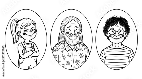 Hand-Drawn Portrait Illustrations of Diverse Family Members in Line Art Style