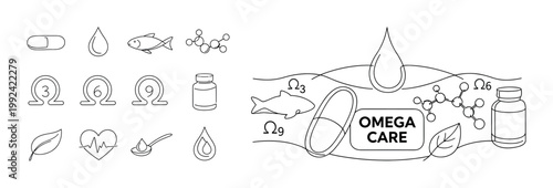 Collection of line art icons representing omega fatty acids and health benefits