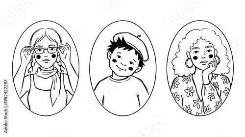 Hand-Drawn Portrait Illustrations of Diverse Children with Different Hairstyles and Expressions