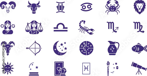 Collection of astrological zodiac and tarot symbols in purple and blue tones Vector
