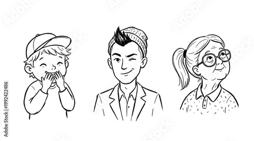 Hand-Drawn Line Art Portrait Collection of Three Diverse Characters with Different Expressions and Styles
