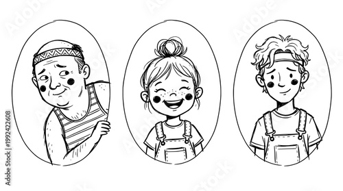 Hand-Drawn Portrait Illustrations of Diverse Characters with Happy Expressions - Line Art Style