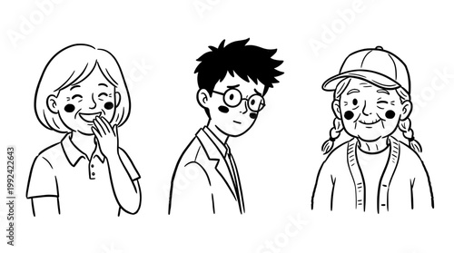 Hand-Drawn Portrait Illustrations of Three Diverse Young People with Cheerful Expressions