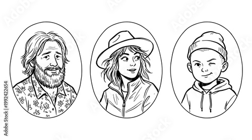 Three Hand-Drawn Portrait Sketches of Diverse People with Hats - Line Art Character Illustration