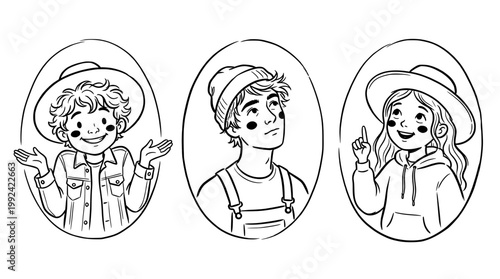 Hand-drawn Line Art Portrait Illustrations of Happy Children Wearing Hats - Cheerful Kids Character Designs in Sketch Style