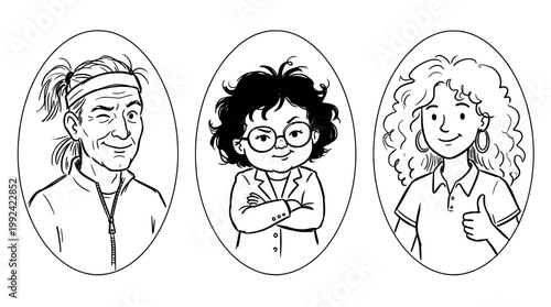 Hand-Drawn Portrait Illustrations of Diverse People - Black and White Line Art Sketches