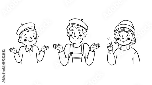Hand-Drawn Line Art Illustration of Three Happy People Shrugging with Cheerful Expressions