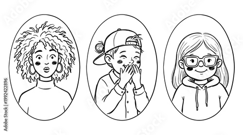 Hand-Drawn Portrait Illustrations of Three Diverse Young People with Different Hairstyles and Accessories