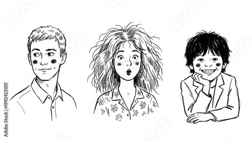 Hand-Drawn Portrait Illustrations of Three Diverse People with Expressive Faces and Happy Emotions