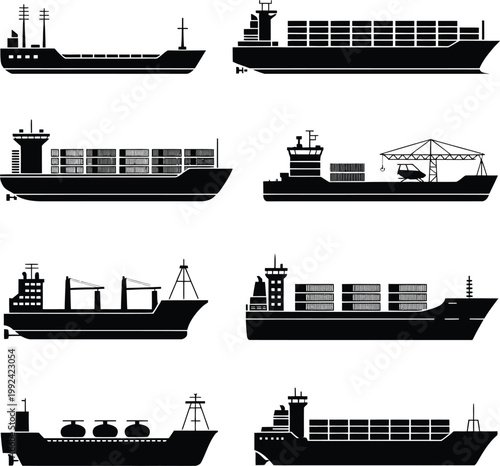 Cargo Ships Silhouettes on White Background
