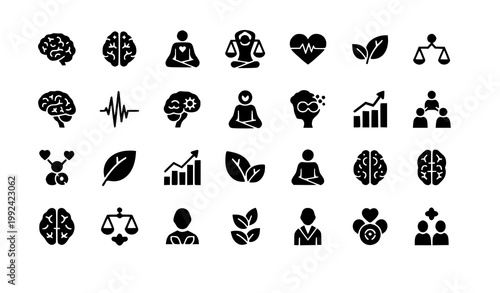 Minimal mental health icon set mindfulness wellbeing brain vector isolated on white background
