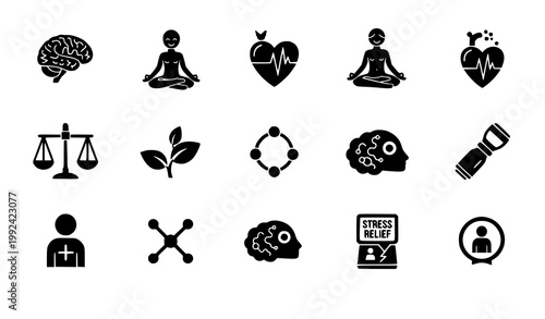 Mental health icon set mindfulness wellbeing brain growth symbols vector isolated on white background