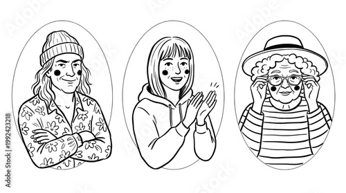 Hand-Drawn Line Art Portrait Collection of Diverse Smiling People in Casual Fashion and Accessories