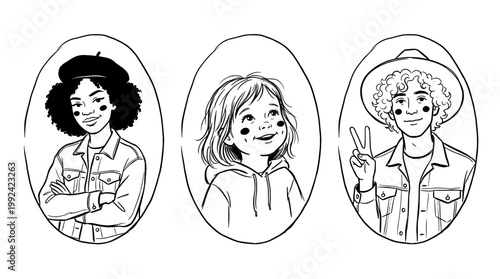 Hand-Drawn Diverse Women Portraits in Line Art Style with Happy Expressions