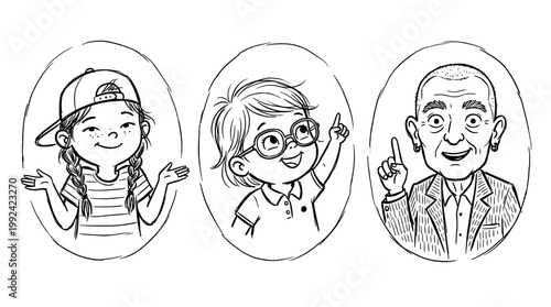 Hand-Drawn Portrait Illustrations of Diverse Characters - Line Art Style Family or Team Avatars