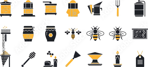Iconic illustrations of beekeeping tools and honey production essentials Vector