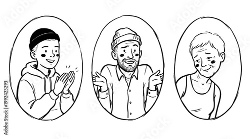 Hand-Drawn Portrait Illustrations of Diverse Men - Line Art Character Sketches with Positive Expressions