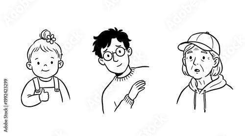 Hand-Drawn Line Art Portraits of Three Diverse Young People - Sketch Style Characters