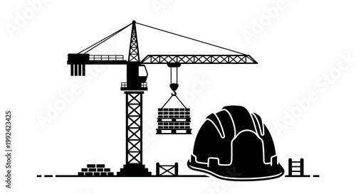 Construction site with crane and hard hat.