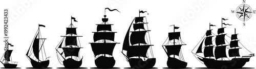 Black Sailing Ships Silhouettes on White Background with Compass