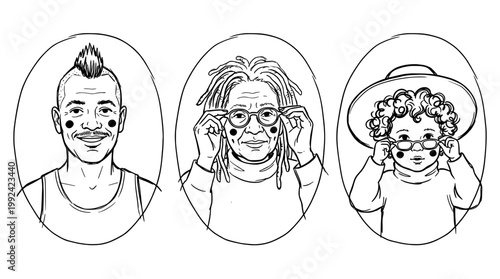 Hand-Drawn Line Art Portraits of Diverse People with Different Hairstyles and Accessories