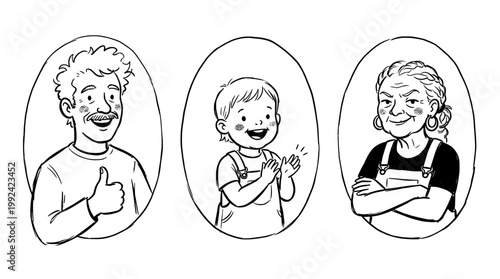 Hand-drawn Portrait Illustrations of Happy Family Members - Sketch Style Line Art