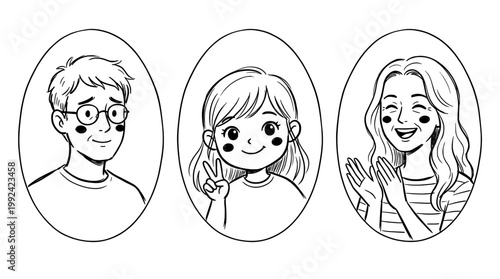 Hand-Drawn Portrait Avatars of Diverse Young People - Smiling Characters in Line Art Style