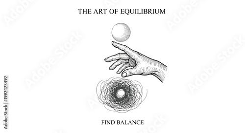 Equilibrium concept, balance illustration, hand and sphere, mindfulness symbol, vector graphic