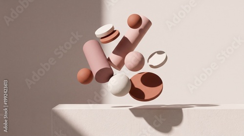 A pastel colored product display podium with 3D shapes floating above it