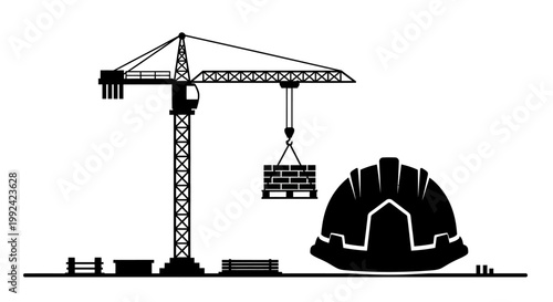 Construction site with crane and hard hat.
