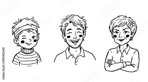 Hand-Drawn Line Art Portrait Illustrations of Three Smiling Diverse People with Happy Expressions