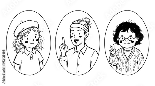 Hand-Drawn Portrait Illustrations of Three Diverse Young People - Sketch Style Character Designs