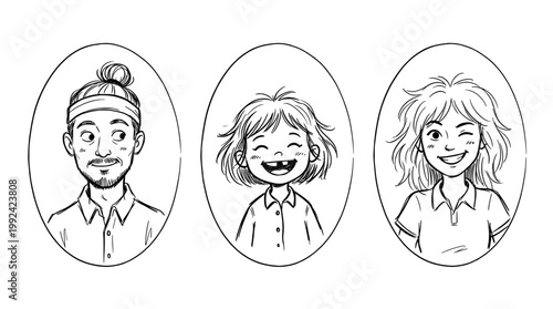 Hand-Drawn Portrait Illustrations of Diverse People with Happy Expressions - Line Art Character Sketches