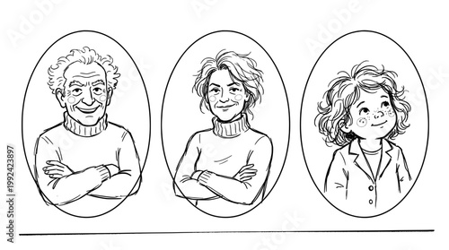 Hand-Drawn Portrait Illustration of Three Smiling Women with Diverse Hairstyles in Line Art Style
