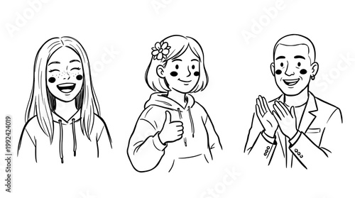 Happy People Portrait Set - Hand-Drawn Line Art Illustration of Smiling Diverse Characters with Positive Emotions