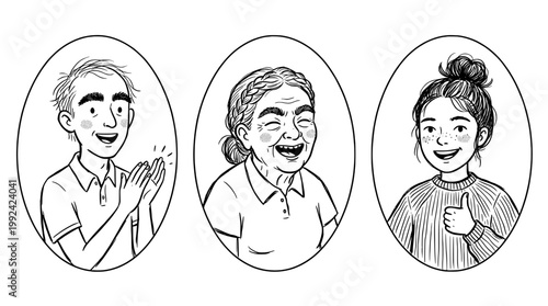 Hand-Drawn Portrait Illustrations of Diverse Smiling People - Sketch Style Character Portraits