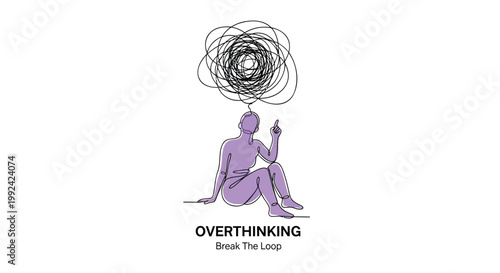 Overthinking, anxiety, stress, mental health, vector illustration, purple, swirling thoughts
