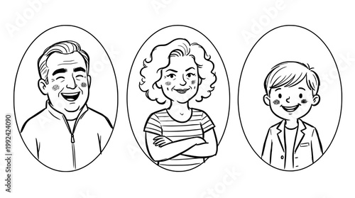 Hand-drawn Family Portrait Illustrations - Smiling Man, Woman, and Boy in Sketch Style