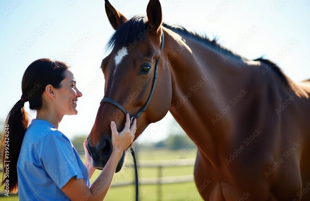 Obraz premium Woman veterinarian in blue uniform gently touches horse muzzle. Vet checks animal health on sunny farm, shows compassion and care. Pro veterinary medicine practice.