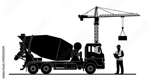 Construction site with cement mixer and crane.
