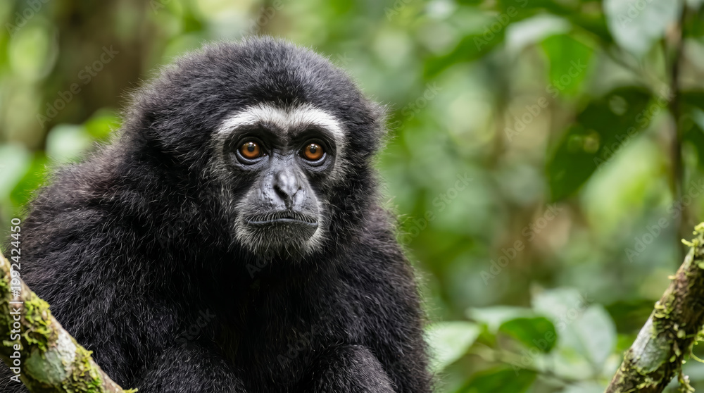 Obraz premium Black gibbon portrait in tropical rainforest close up