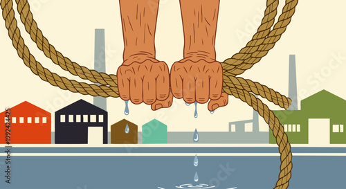 Hands squeezing a thick rope, water dripping, industrial buildings in the background, symbolizing effort and struggle