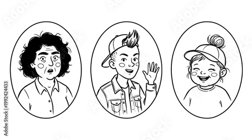 Hand-Drawn Portrait Illustrations of Diverse Characters in Oval Frames - Line Art Style