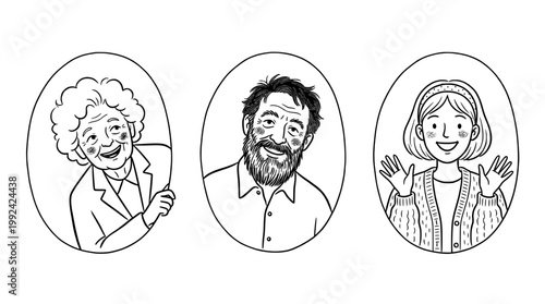 Hand-Drawn Portrait Illustrations of Three Diverse People - Sketch Style Line Art Characters