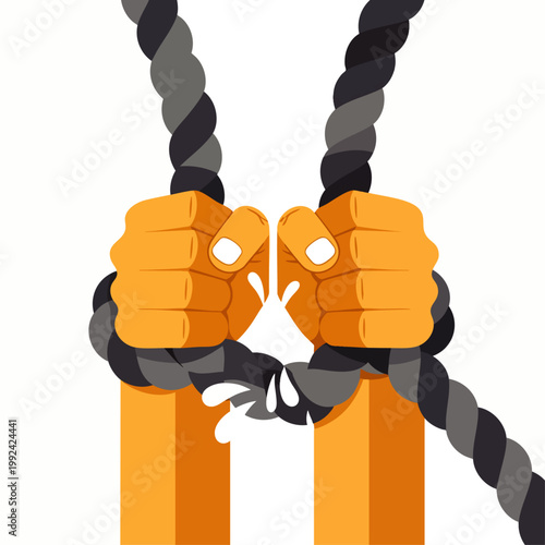 Hands straining and breaking a thick rope, symbolizing struggle, effort, and overcoming challenges with determination and strength.