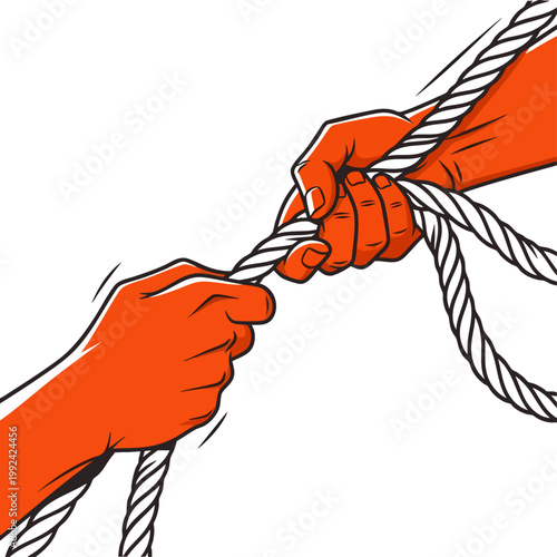 Two hands pulling a rope in opposite directions, symbolizing conflict, competition, or a tug-of-war.