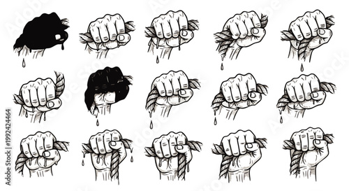 Dynamic black and white vector illustration showing a sequence of hands squeezing a dripping object, symbolizing effort, release, and the extraction process.
