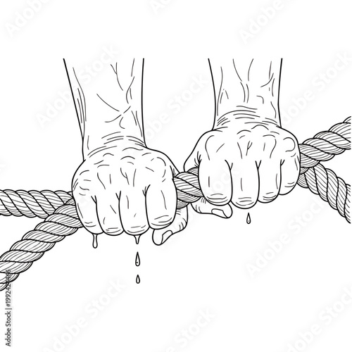Close-up of strong hands gripping a thick rope, showing sweat dripping, symbolizing struggle, effort, and determination